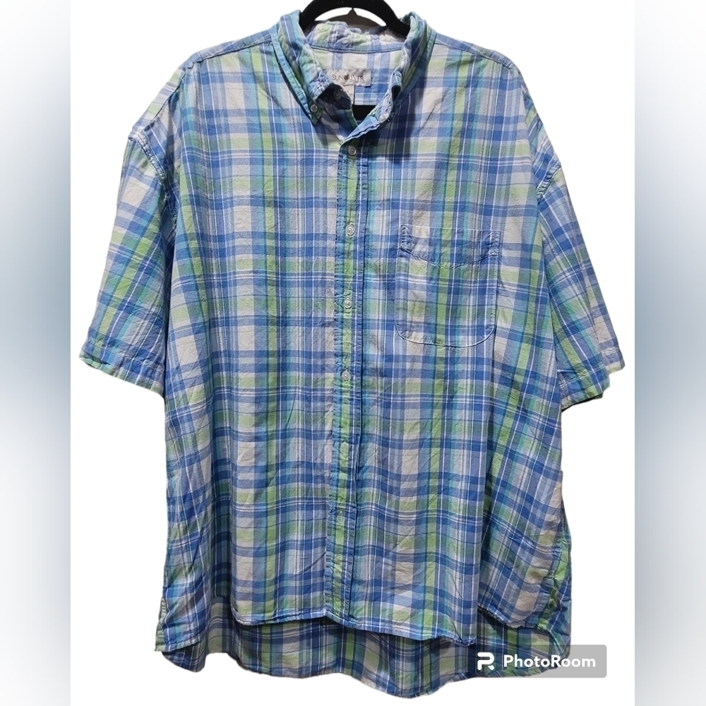 Sun River Clothing Co. 100% Cotton Men's Short Sleeve Dress Shirt Plaid Blue